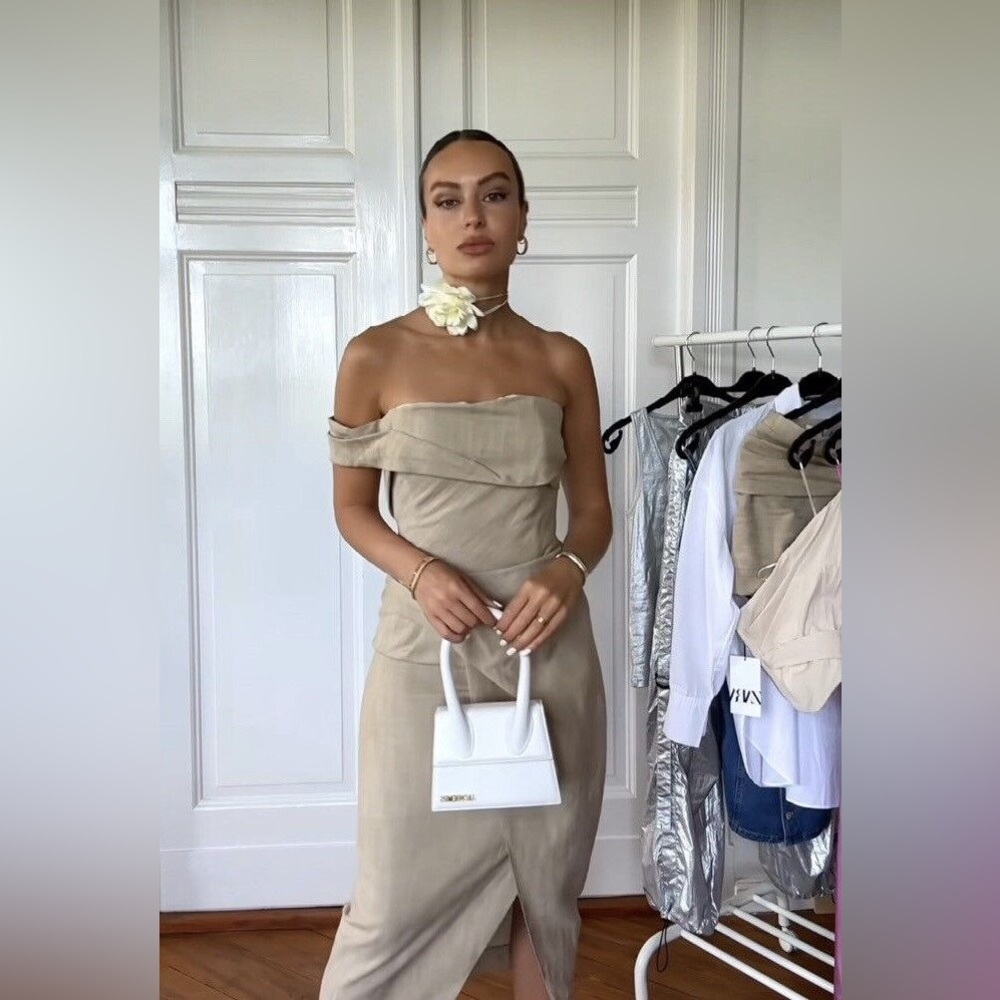 New Zara $119 Asymmetrical Slip Taupe Brown Midi Pencil Dress Small 3265/332
